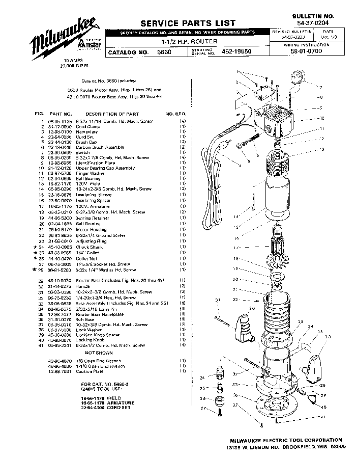 Milwaukee 5660 452-19550 Parts - ?1-1/2 H.P. ROUTER