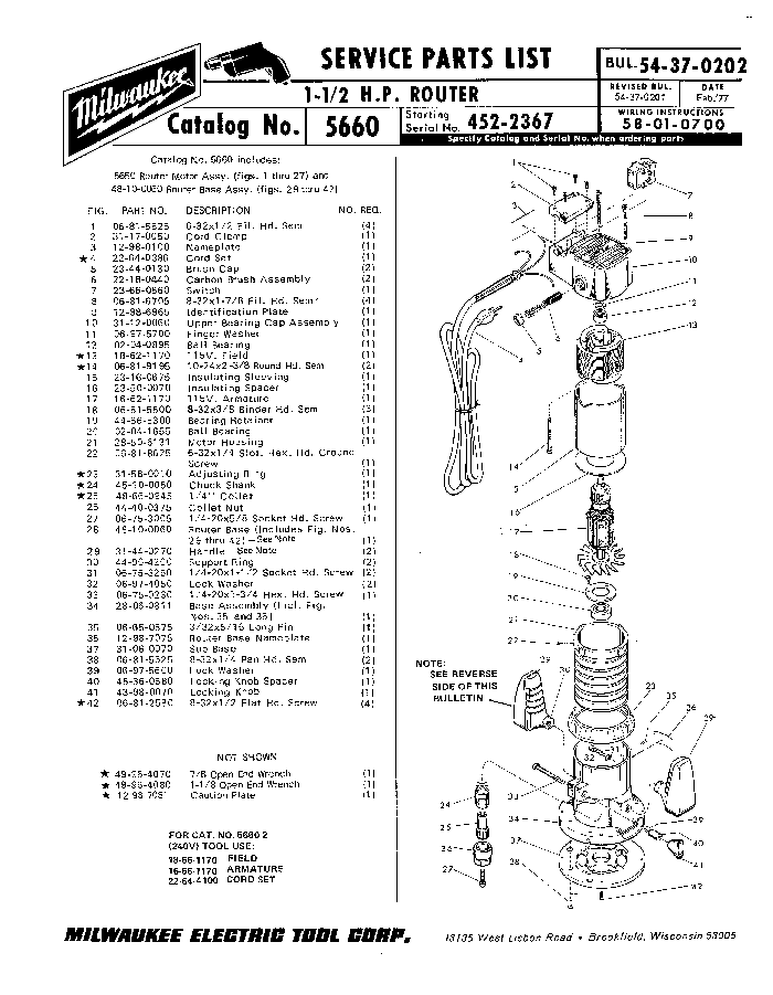 Milwaukee 5660 452-2367 Parts - ?1-1/2 H.P. ROUTER