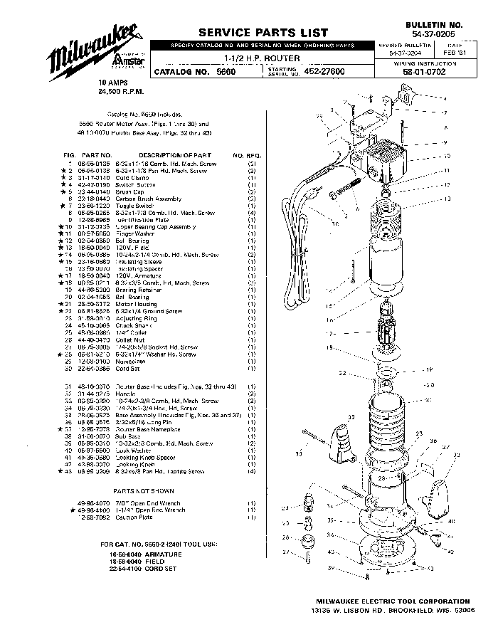 Milwaukee 5660 452-27600 Parts - ?1-1/2 H.P. ROUTER