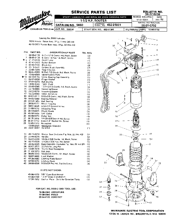 Milwaukee 5660 452-31801 Parts - ?1-1/2 H.P. ROUTER