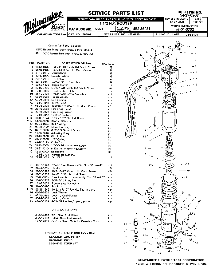 Milwaukee 5660 452-35031 Parts - ?1-1/2 H.P. ROUTER