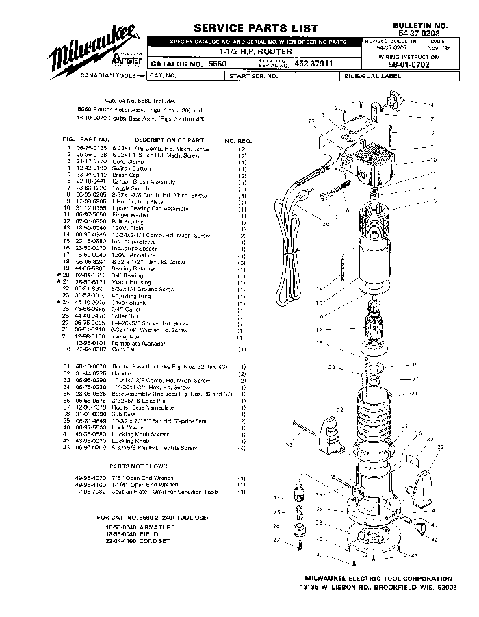 Milwaukee 5660 452-37911 Parts - ?1-1/2 H.P. ROUTER