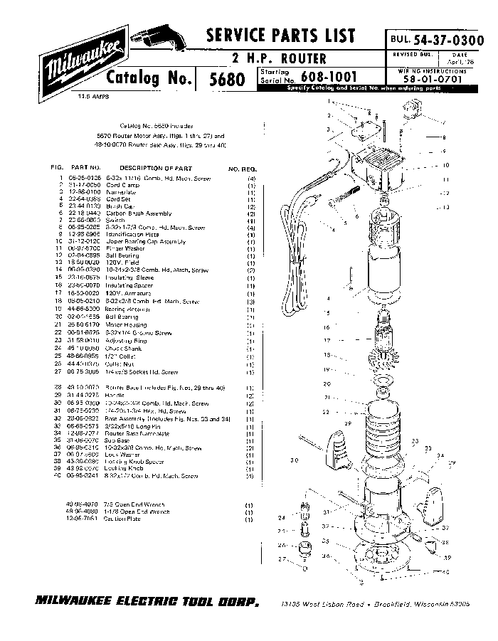 Milwaukee 5670 608-1001 Parts - ?2 H.P. ROUTER