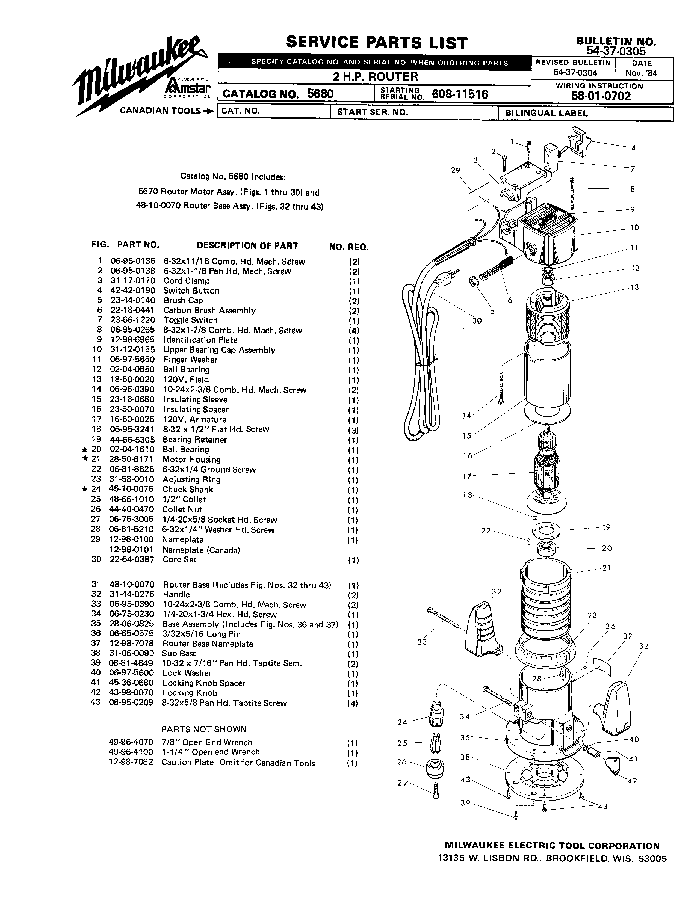 Milwaukee 5670 608-11516 Parts - ?2 H.P. ROUTER