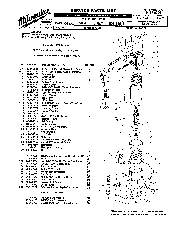 Milwaukee 5670 608-18918 Parts - ?2 H.P. ROUTER