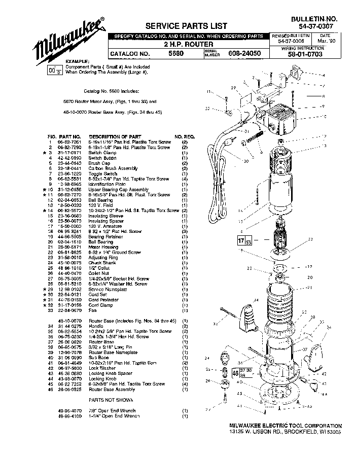 Milwaukee 5670 608-24050 Parts - ?2 H.P. ROUTER