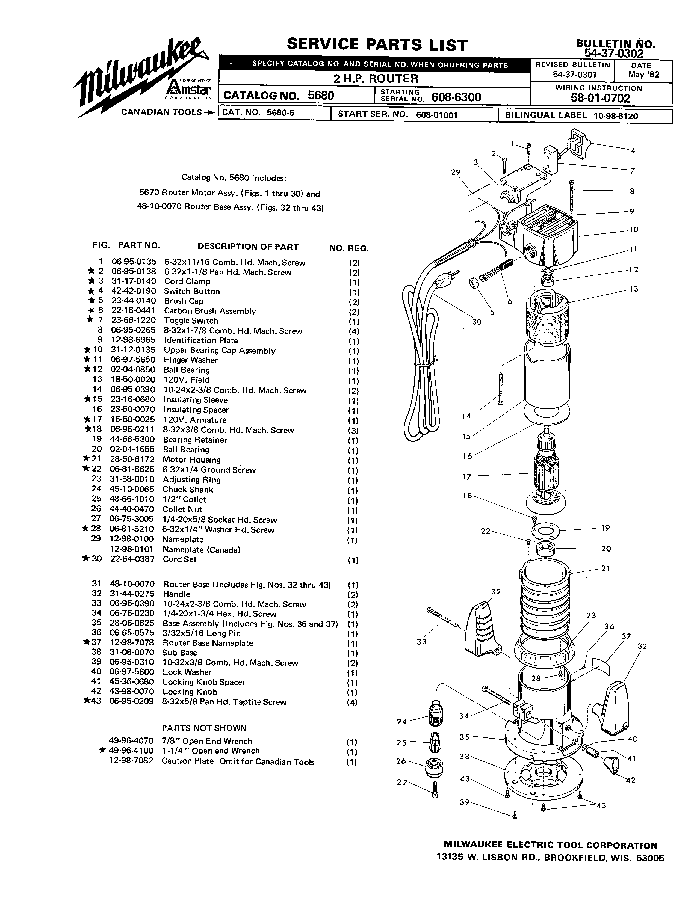 Milwaukee 5670 608-6300 Parts - ?2 H.P. ROUTER