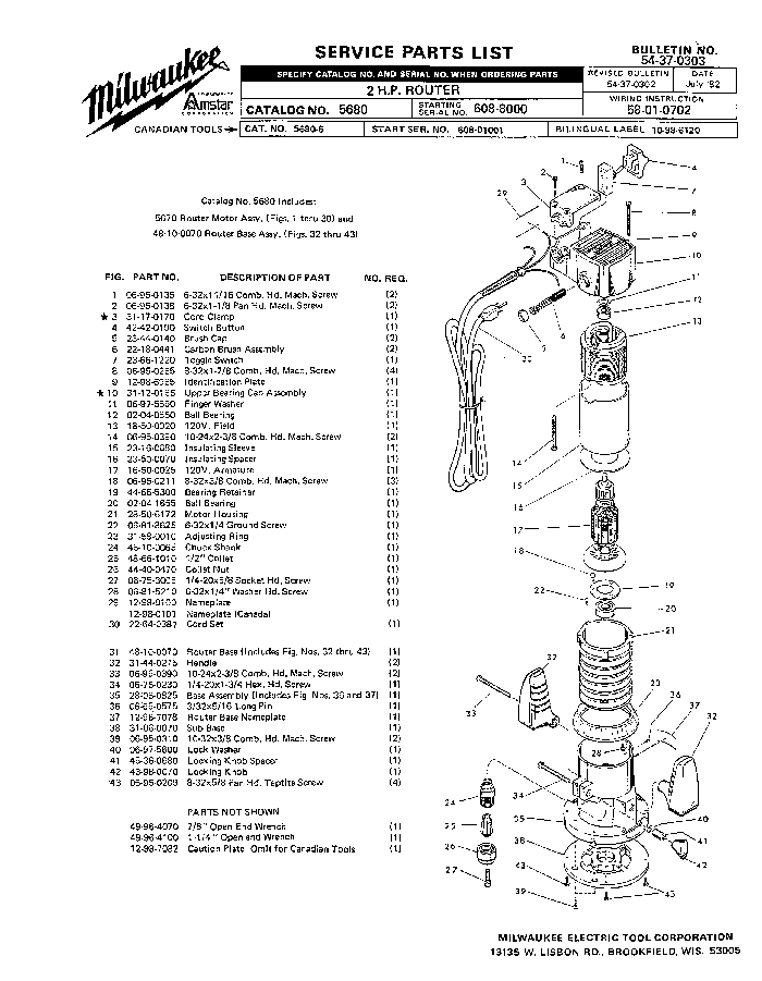 Milwaukee 5670 608-8000 Parts - ?2 H.P. ROUTER