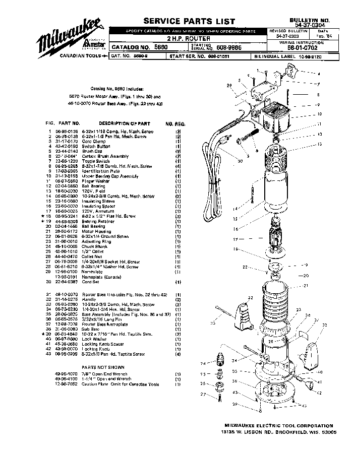 Milwaukee 5680 608-9866 Parts - 2 H.P. ROUTER