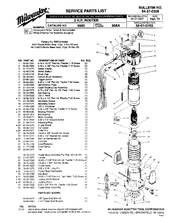 Milwaukee 5680 608a Parts - 2 H.P. ROUTER