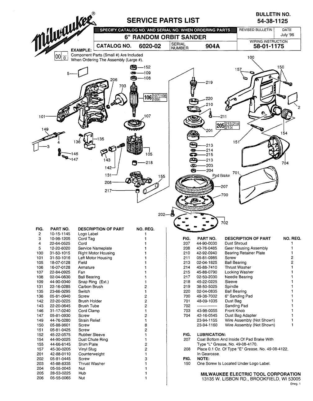 Milwaukee 6020-02 904a Parts - ?6" RANDOM ORBIT SANDER