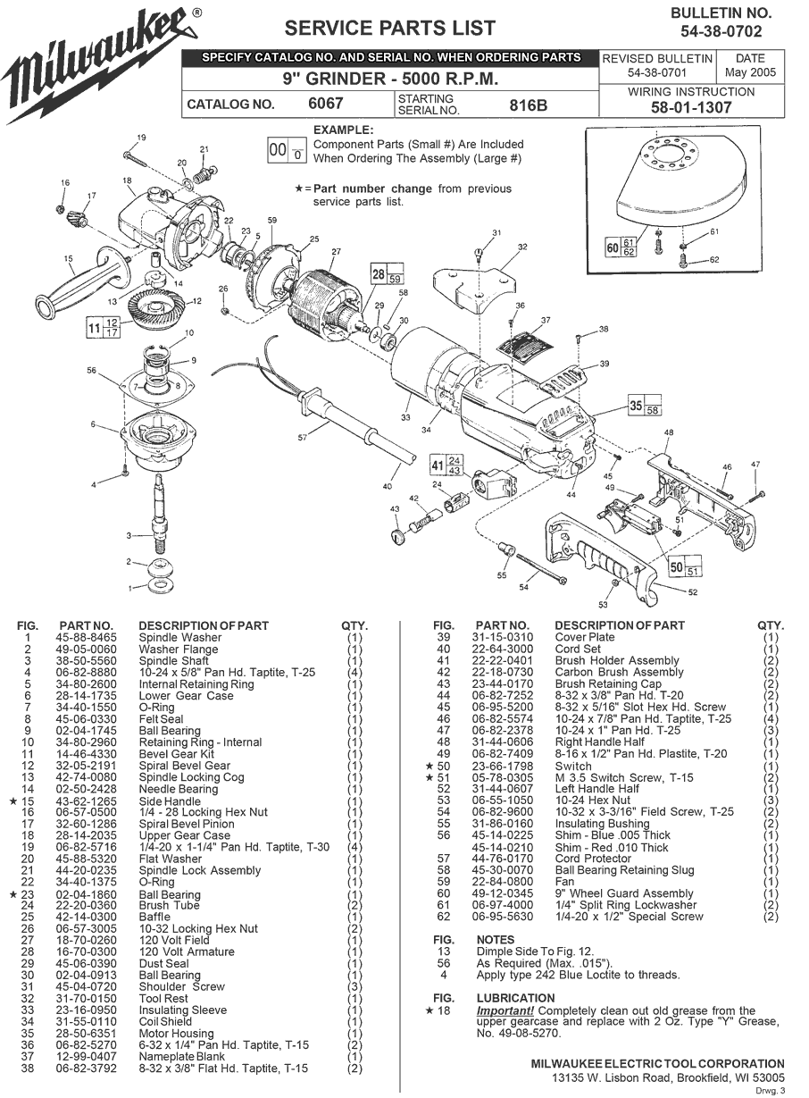 Milwaukee 6067 816b Parts - 9" Grinder 5000 R.P.M.