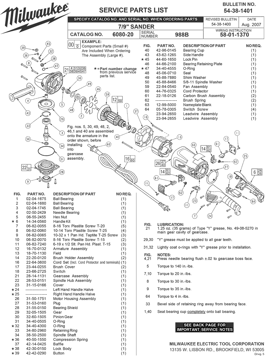 Milwaukee 6080-20 988b Parts - ?7/9" SANDER