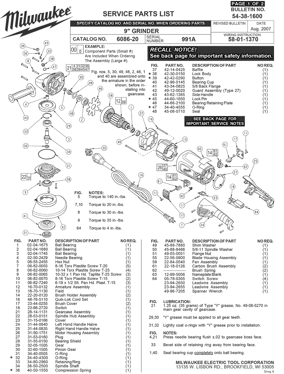 Milwaukee 6086-20 991a Parts - 9" Grinder