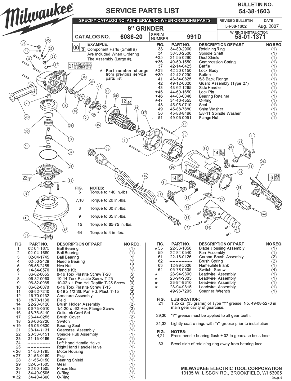 Milwaukee 6086-20 991d Parts - 9" Grinder