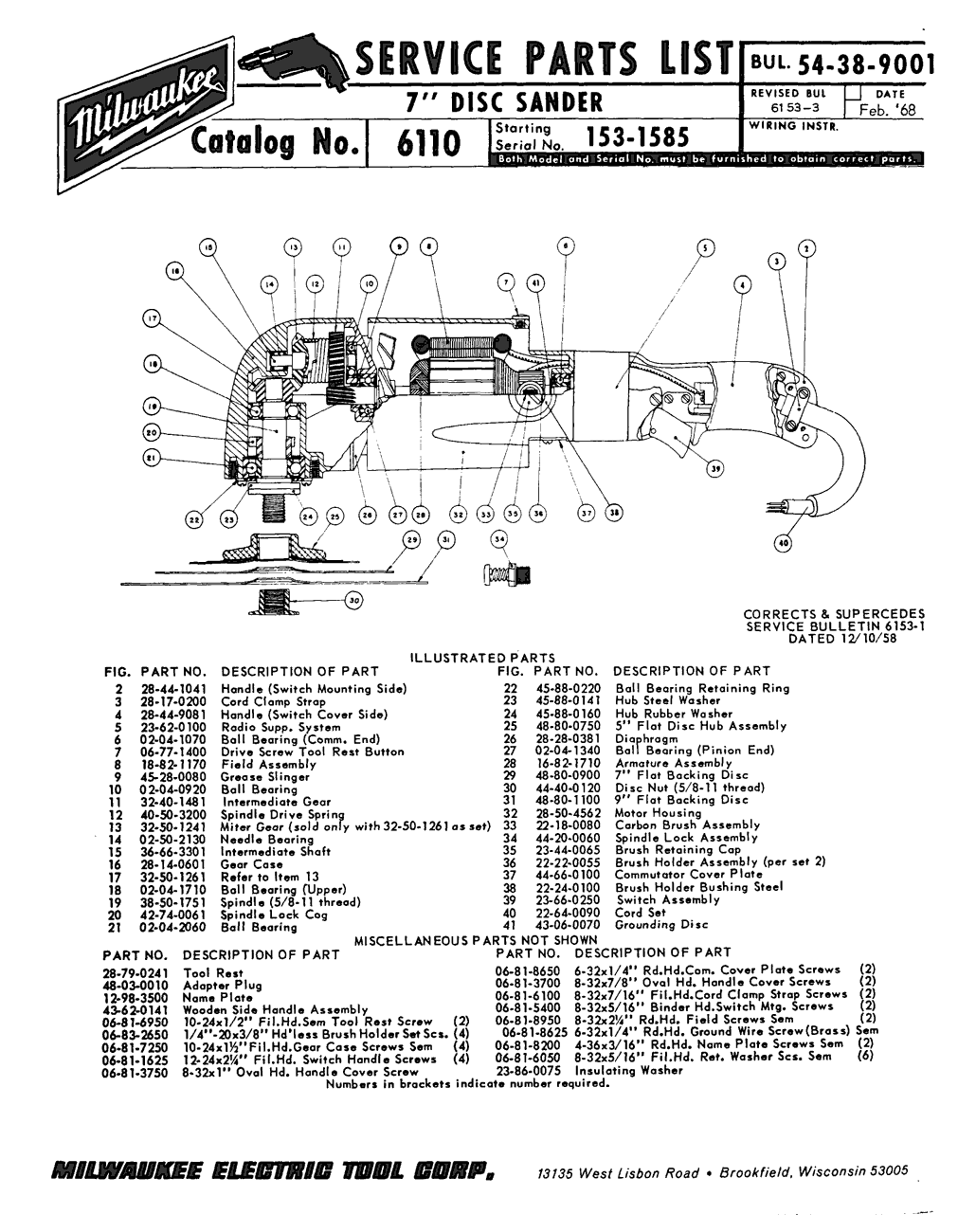 Milwaukee 6110 153-1585 Parts - ?7" DISC SANDER