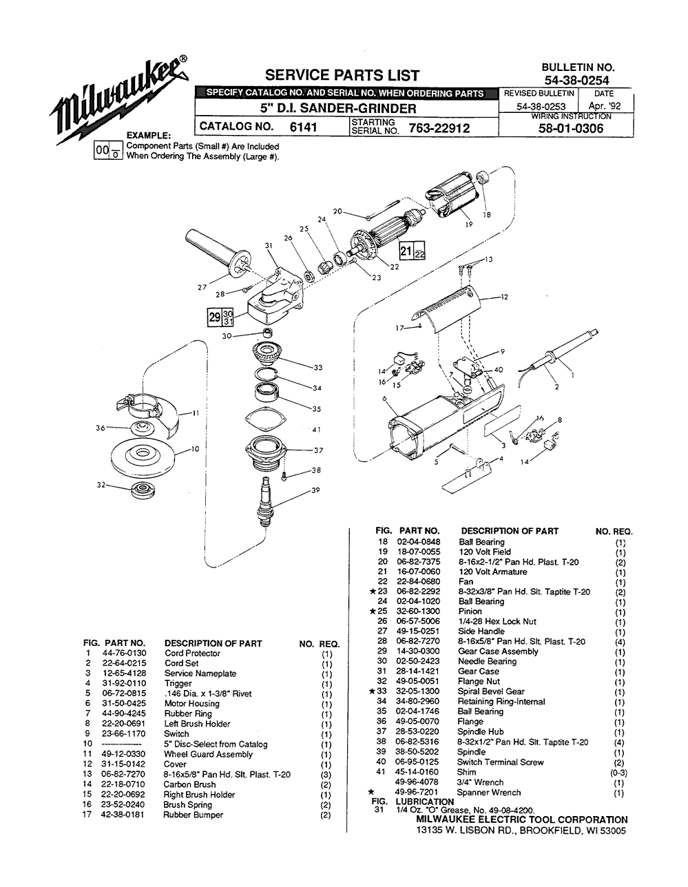 Milwaukee 6141 763-22912 Parts - 5" D.I. Sander - Grinder