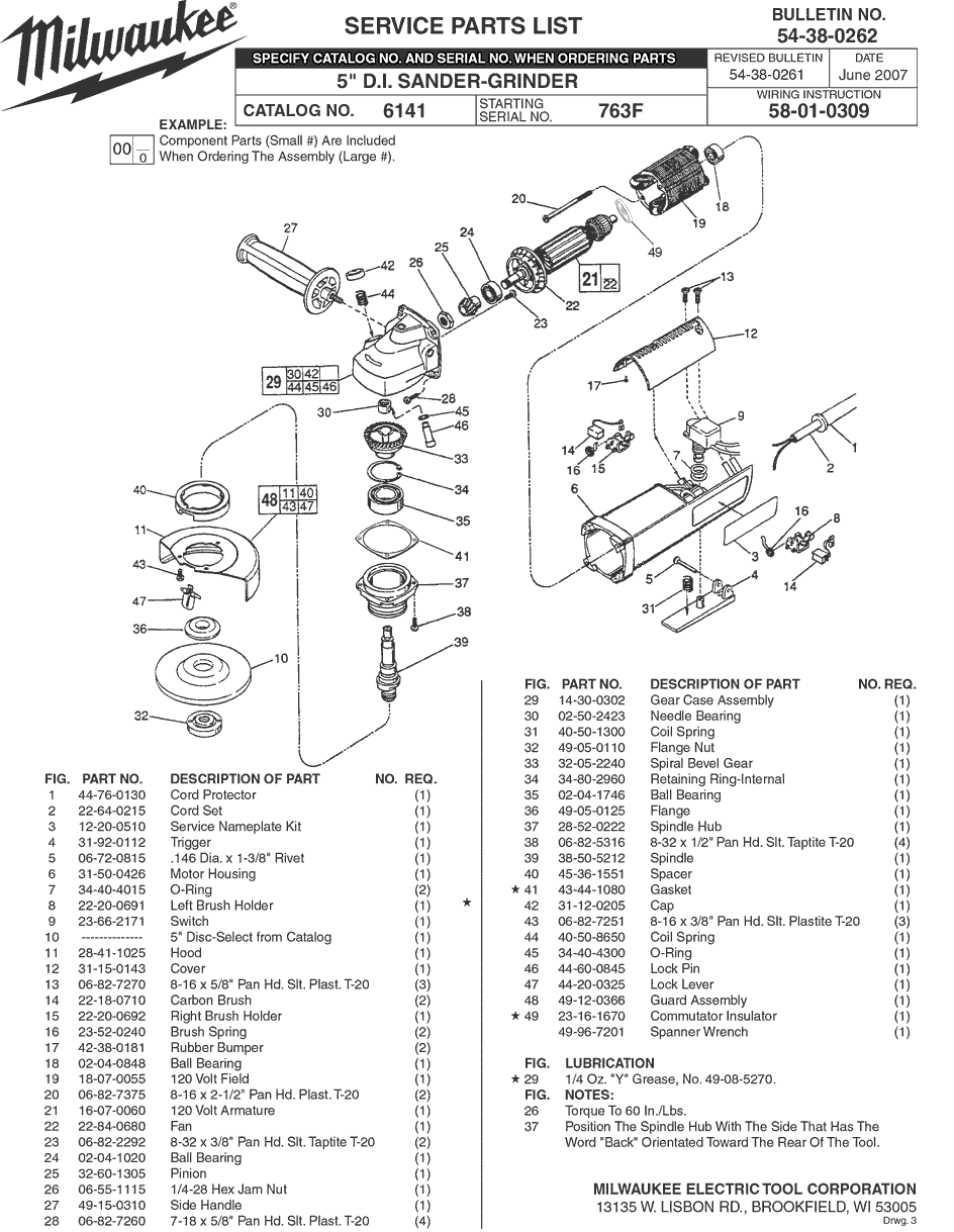 Milwaukee 6141 763f Parts - 5" D.I. Sander - Grinder