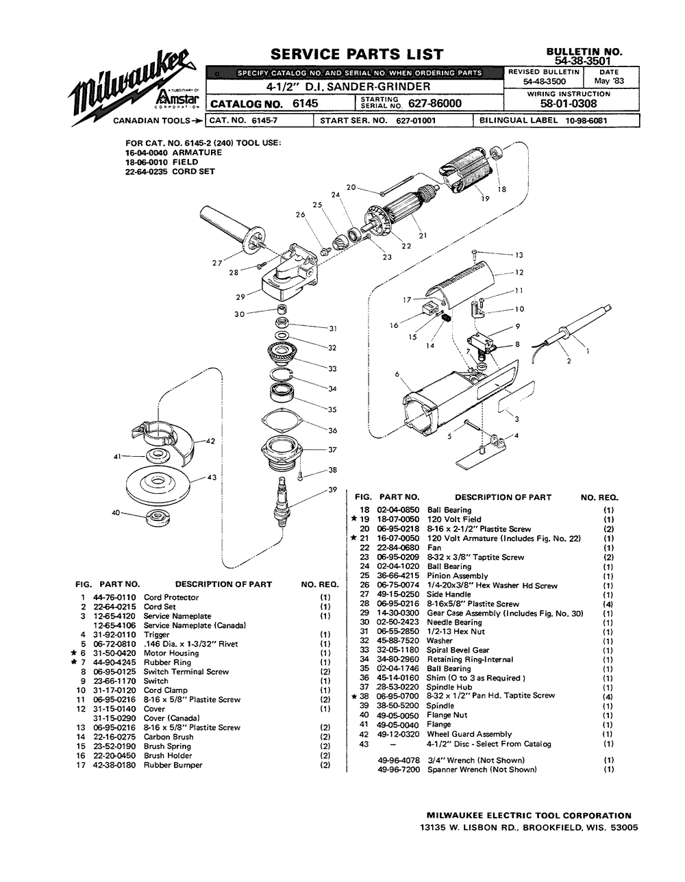 Milwaukee 6145 627-86000 Parts - 4-1/2" D.I. Sander - Grinder