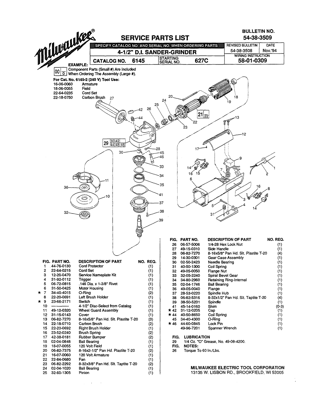 Milwaukee 6145 627c Parts - 4-1/2" D.I. Sander - Grinder