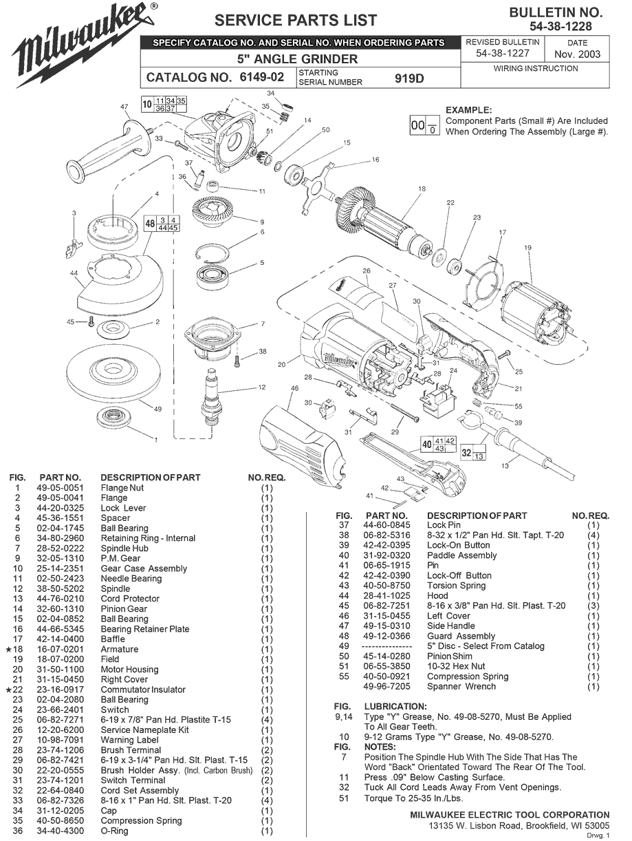 Milwaukee 6149-02 919d Parts - 5" Angle Grinder