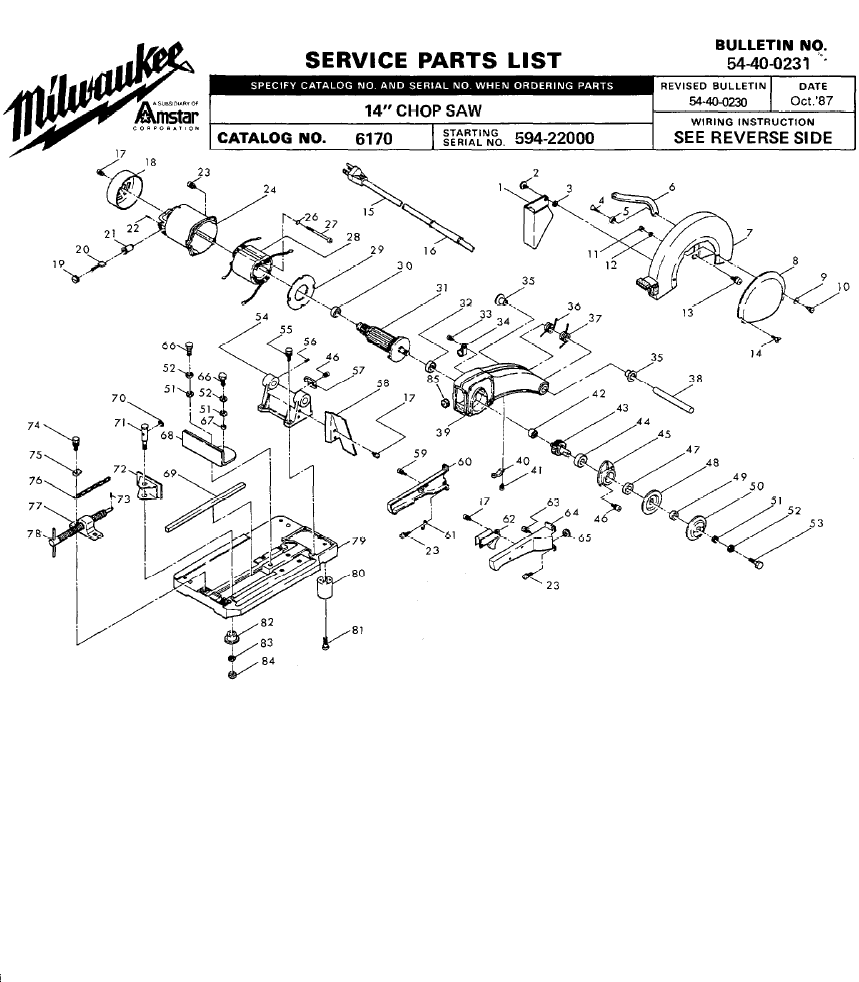 Milwaukee 6170 594-22000 Parts - Saw