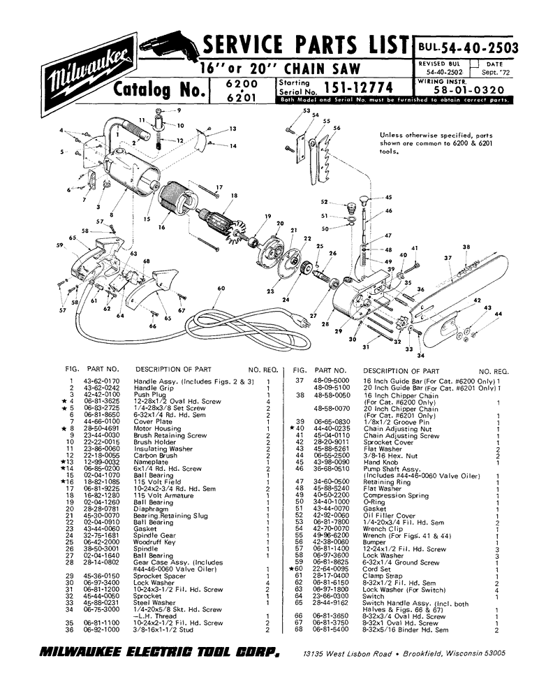 Milwaukee 6200 151-12774 Parts - Chain Saw