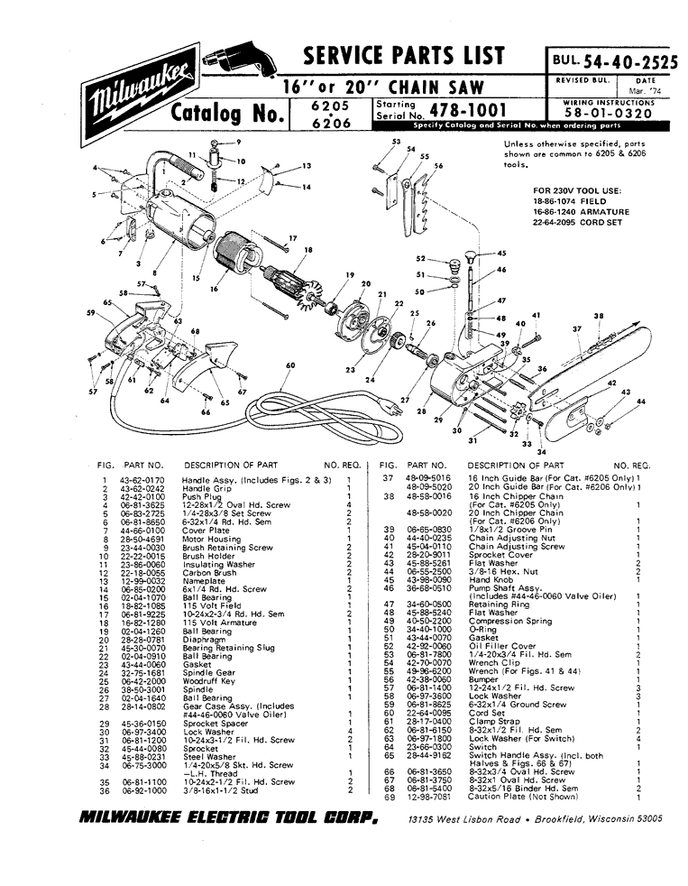 Milwaukee 6205 478-1001 Parts - Chain Saw