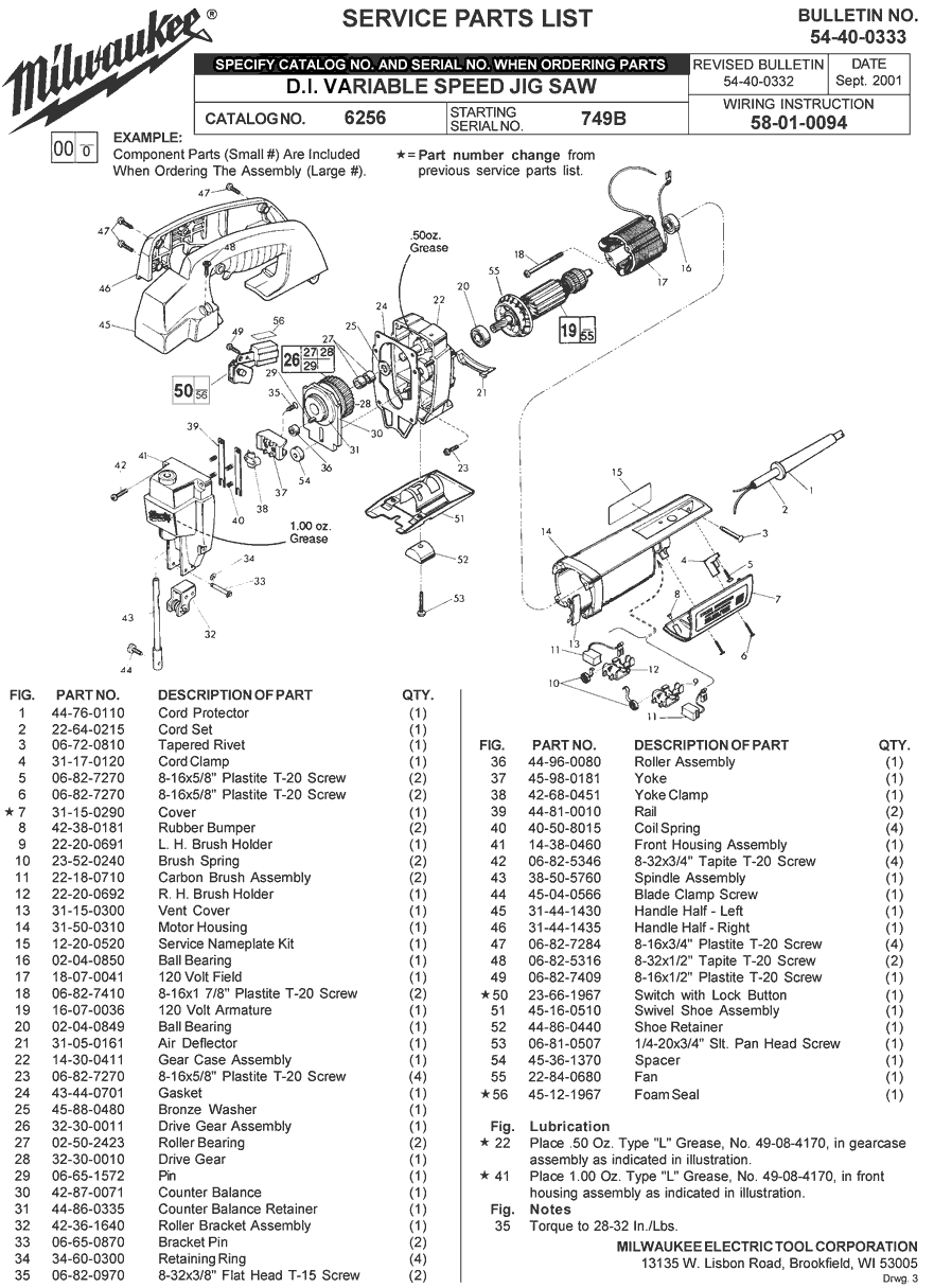 Milwaukee 6256 749b Parts - ?D.I. VARIABLE SPEED JIG SAW