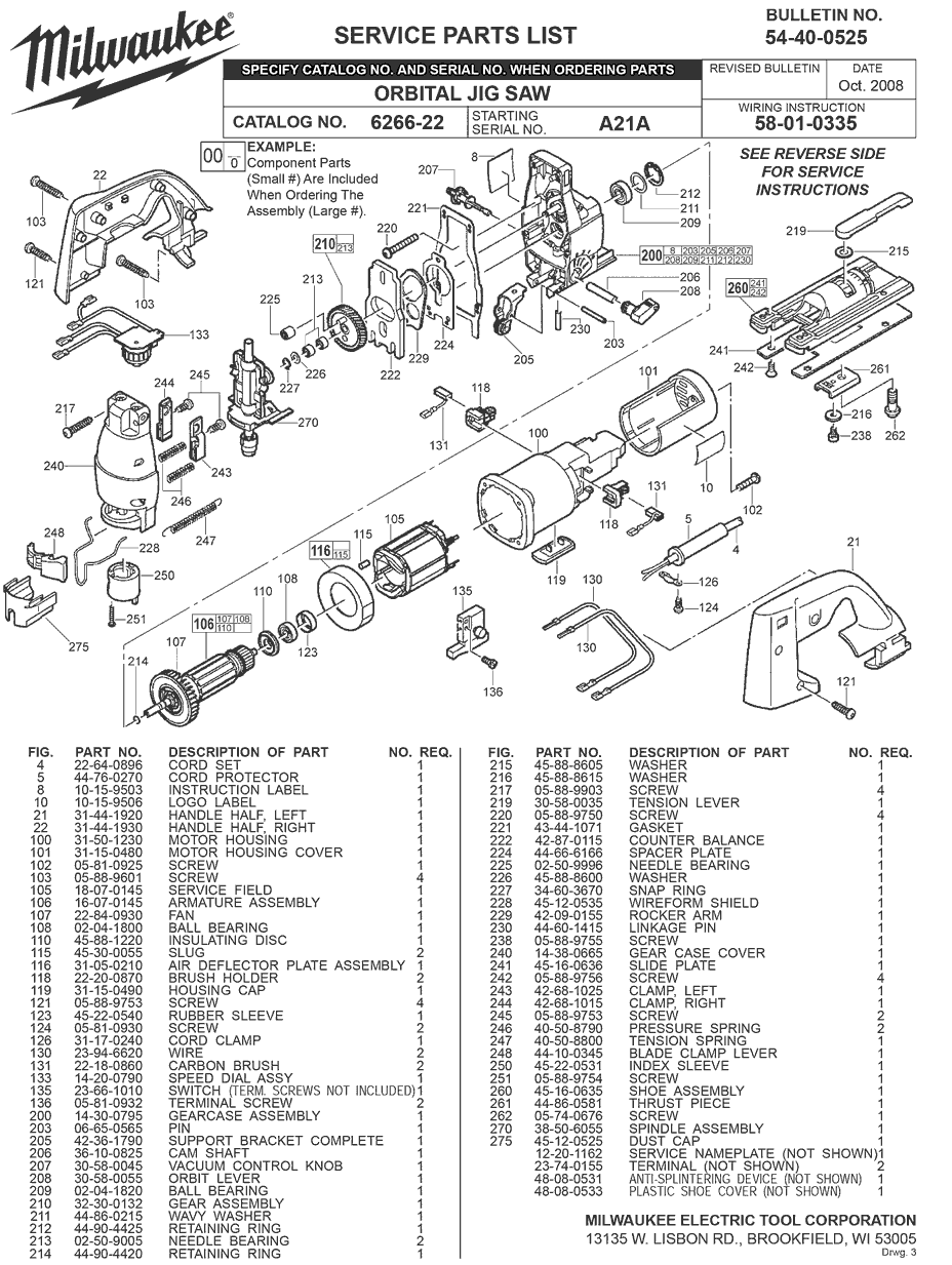 Milwaukee 6266-22 a21a Parts - ?ORBITAL JIG SAW