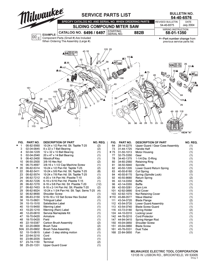 Milwaukee 6496 882b Parts - Sliding Compound Miter Saw Parts