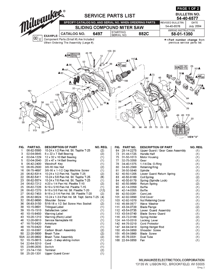 Milwaukee 6497 882c Parts - Sliding Compound Miter Saw Parts