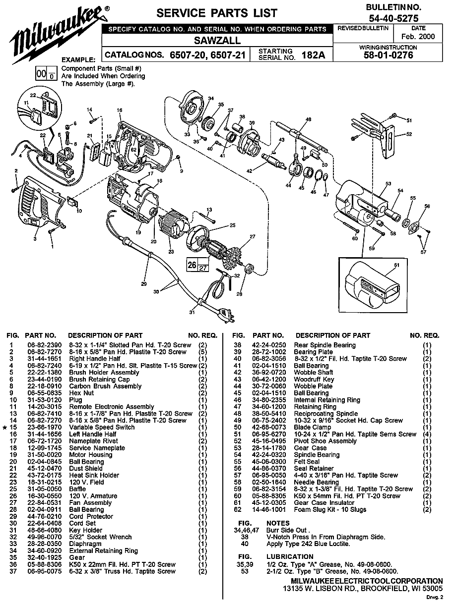 Milwaukee 6507-21 182a Parts - SAWZALL