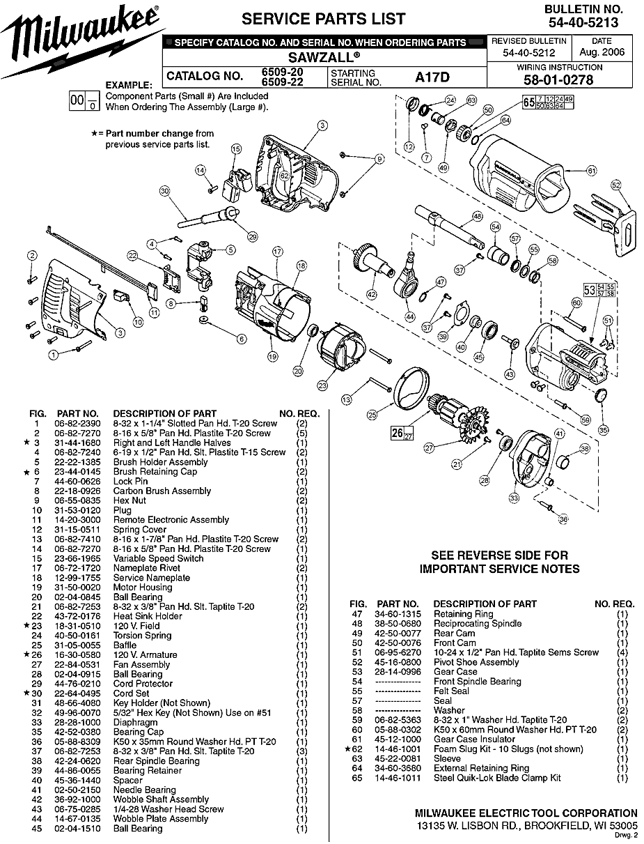 Milwaukee 6509-22 a17d Parts - SAWZALL