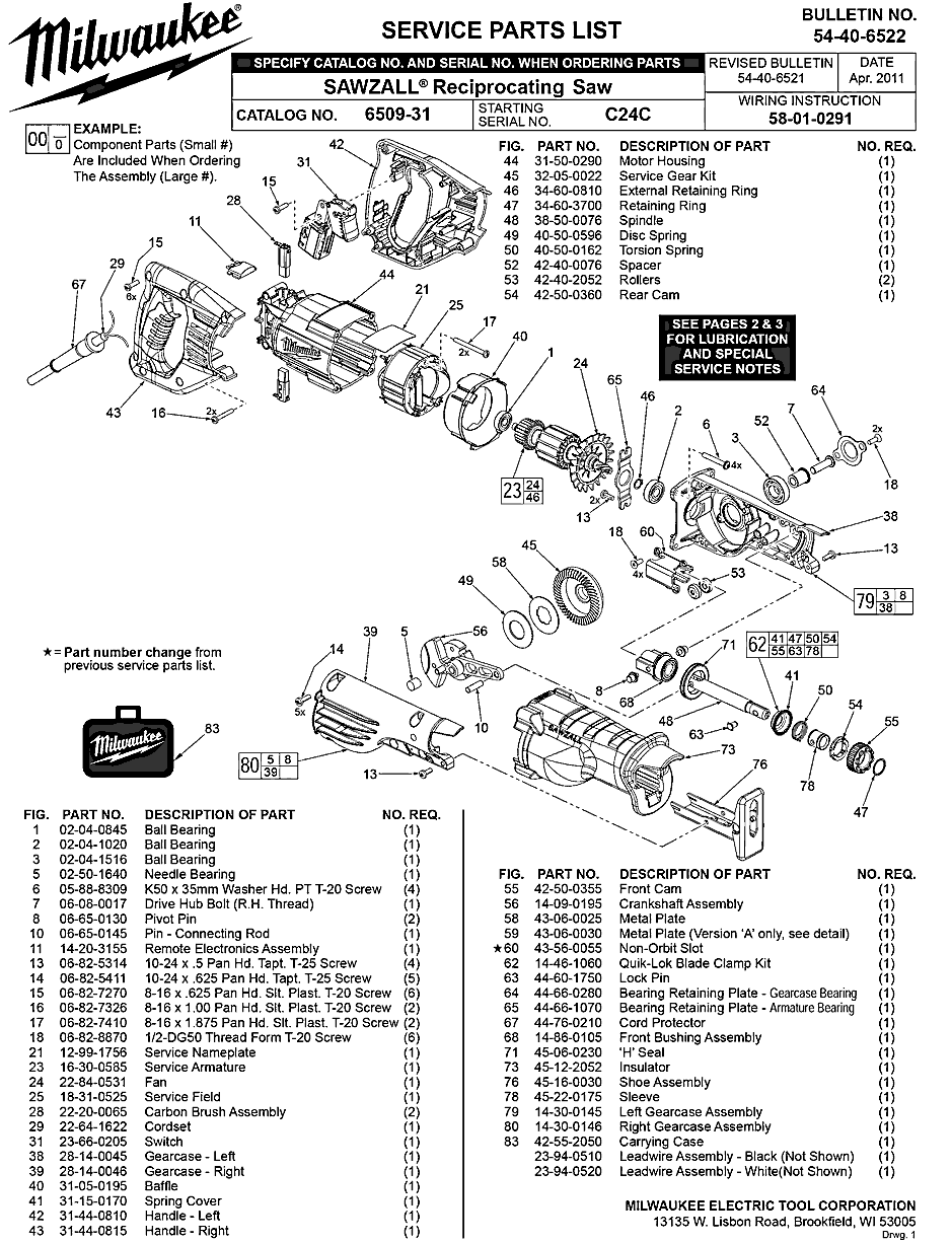 Milwaukee 6509-31 c24c Parts - SAWZALL