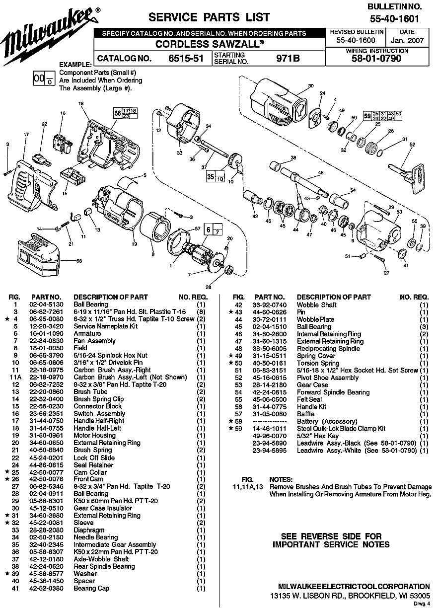 Milwaukee 6515-51 971b Parts - CORDLESS SAWZALL