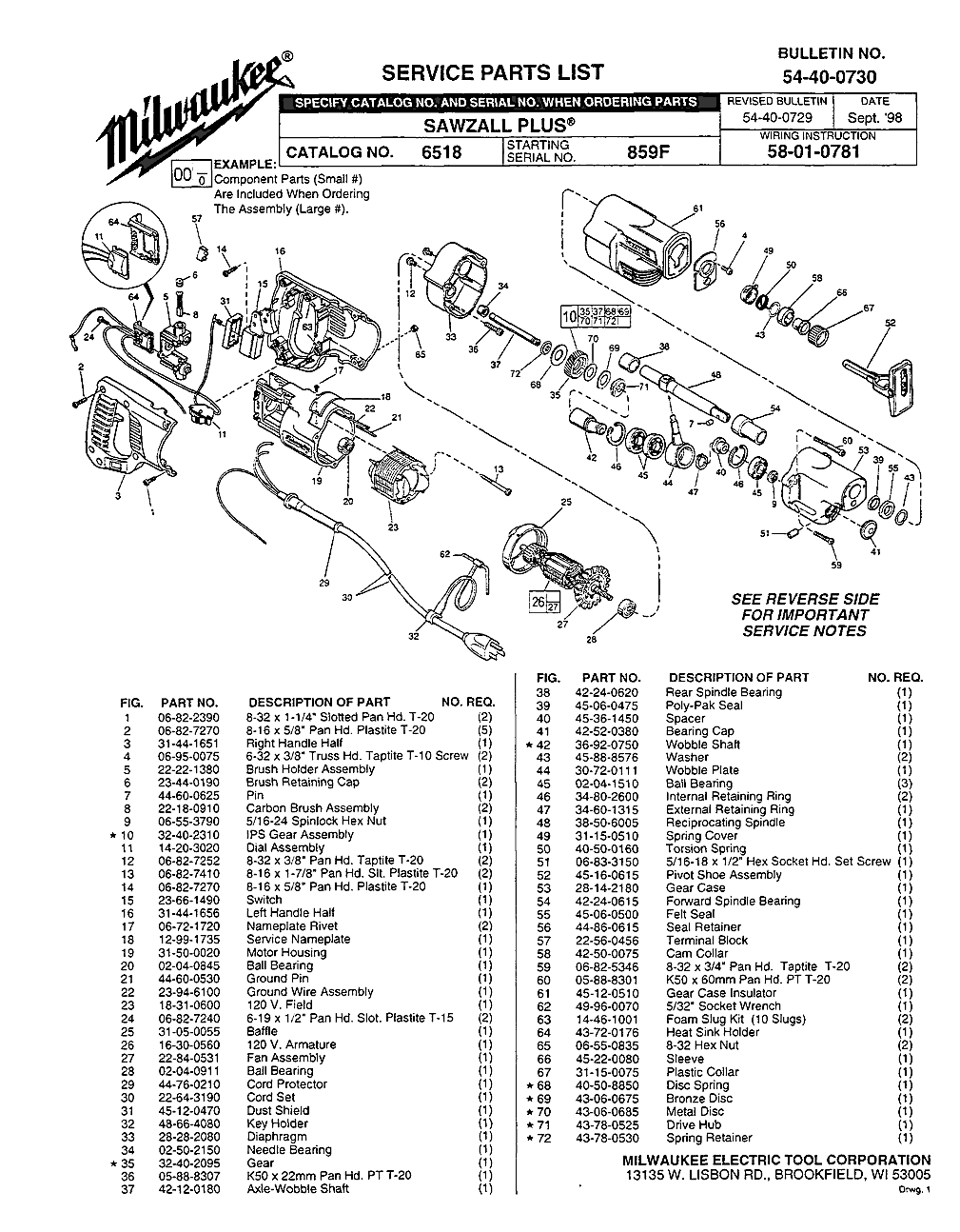 Milwaukee 6518 859f Parts - SAWZALL PLUS