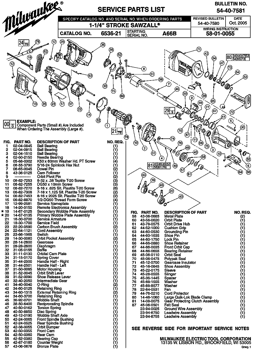 Milwaukee 6536-21 a66b Parts - 1-1/4" STROKE SAWZALL