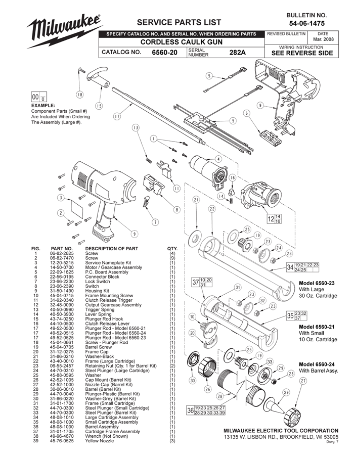 Milwaukee 6560-20 282a Parts - Cordless Caulk Gun