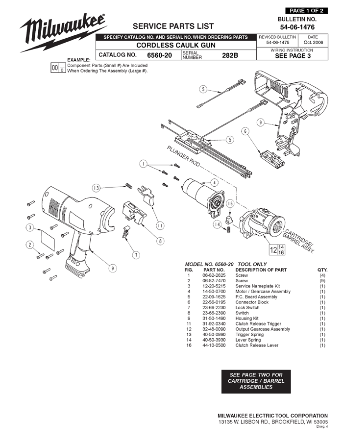 Milwaukee 6560-20 282b Parts - Cordless Caulk Gun