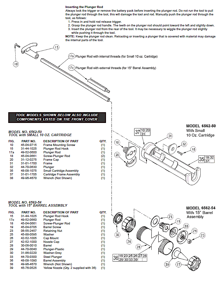 Milwaukee 6562-54 a63b Parts - 14.4V Cordless Caulk Gun