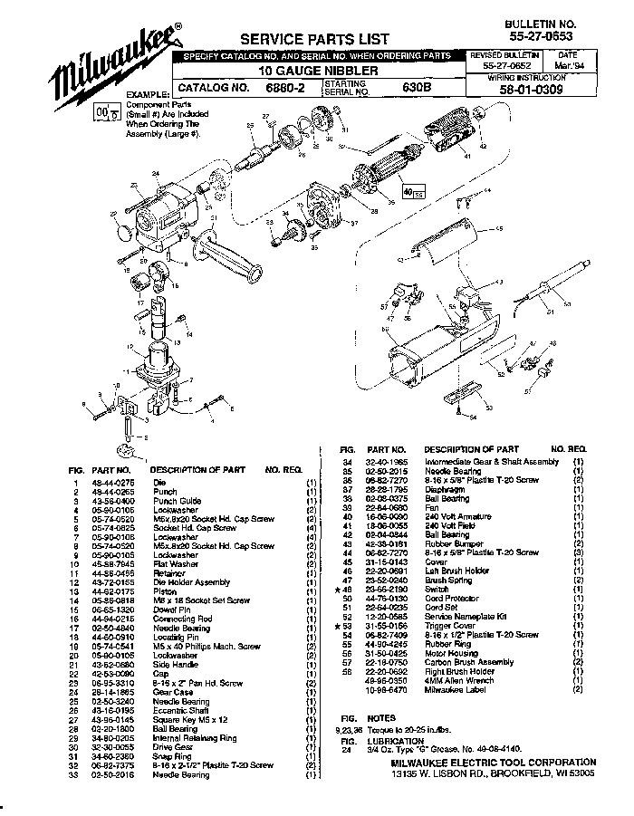 Milwaukee 6880-2 630b Parts - 10 Gauge Nibbler