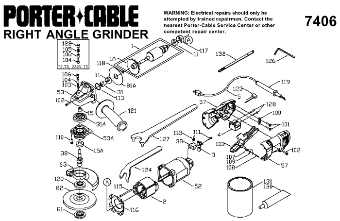 Porter Cable 7406 4-1/2 inch Angle Grinder Parts (TYPE 1)