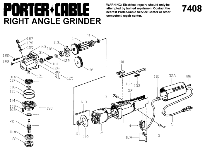 Porter Cable 7408 4-1/2 inch Angle Grinder Parts (TYPE 2)