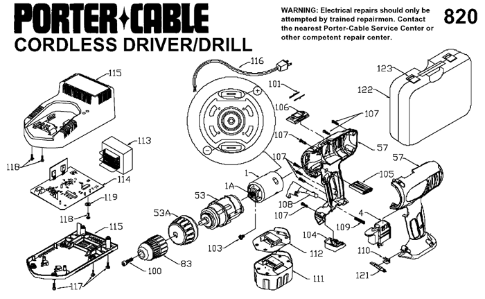 Porter Cable 820 Cordless 9.6V Drill Parts