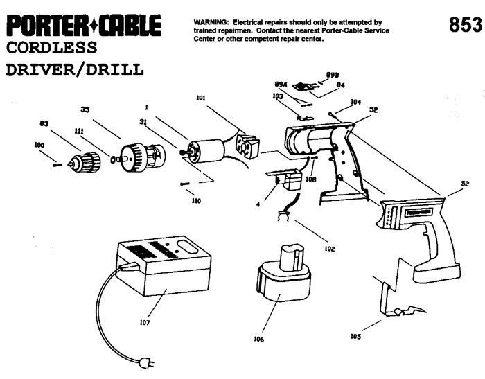 Porter Cable 853 Cordless Driver / Drill Parts