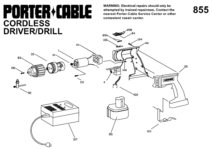 Porter Cable 855 1/2 CDLS DRILL KIT Parts