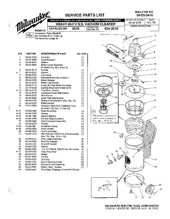 Milwaukee 8925 634-2010 Parts - HEAVY-DUTY S.S. VACUUM CLEANER