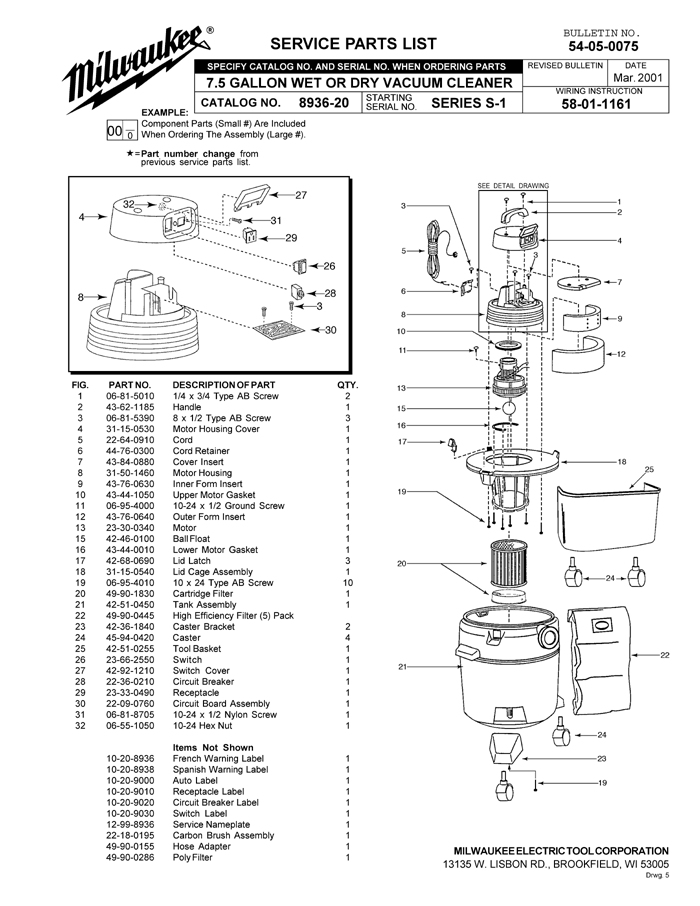 Milwaukee 8936-20 s-1 Parts - 7.5 GALLON WET OR DRY VACUUM CLEANER