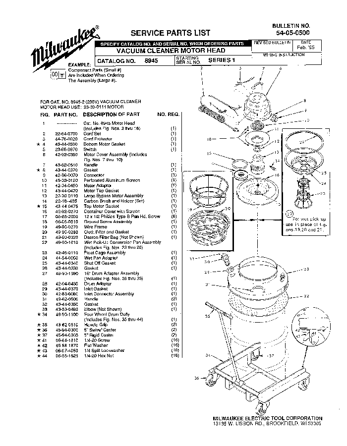 Milwaukee 8945 1 Parts - VACUUM CLEANER MOTOR HEAD